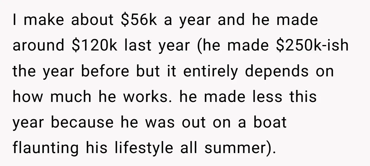 I make about $56k a year and he made around $120k last year (he made $250k-ish the year before but it entirely depends on how much he works. he made...
