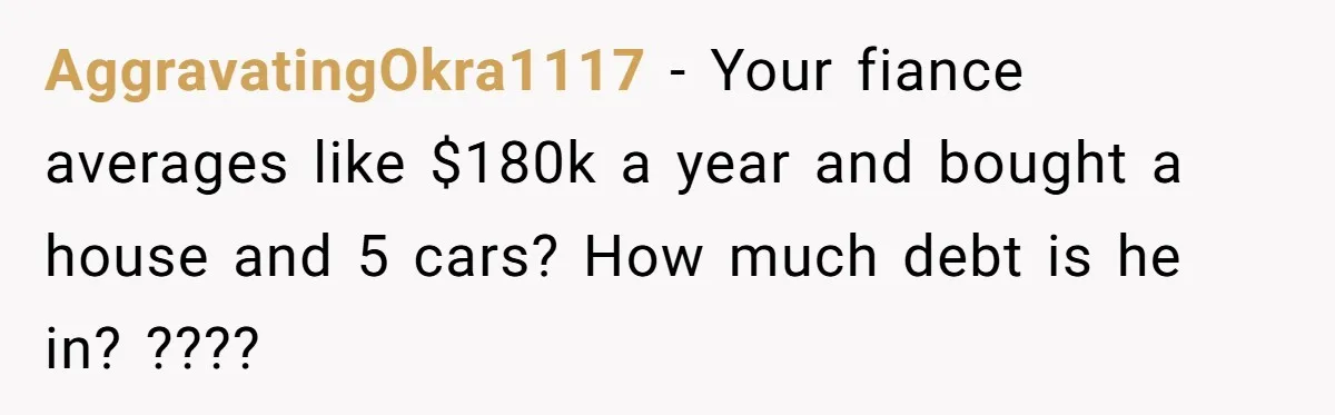 AggravatingOkra1117 − Your fiance averages like $180k a year and bought a house and 5 cars? How much debt is he in? ????