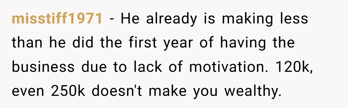misstiff1971 − He already is making less than he did the first year of having the business due to lack of motivation. 120k, even 250k doesn't make you wealthy.