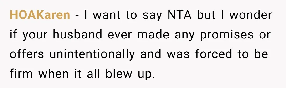 HOAKaren − I want to say NTA but I wonder if your husband ever made any promises or offers unintentionally and was forced to be firm when it all blew...
