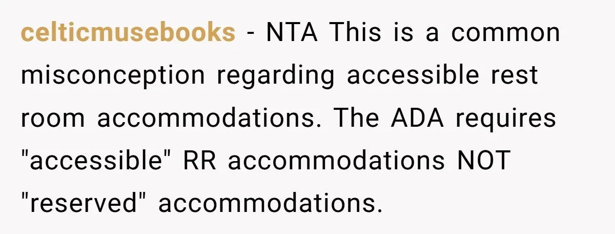 celticmusebooks − NTA This is a common misconception regarding accessible rest room accommodations. The ADA requires "accessible" RR accommodations NOT "reserved" accommodations.