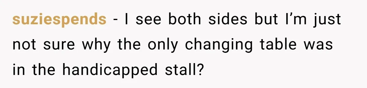 suziespends − I see both sides but I’m just not sure why the only changing table was in the handicapped stall?