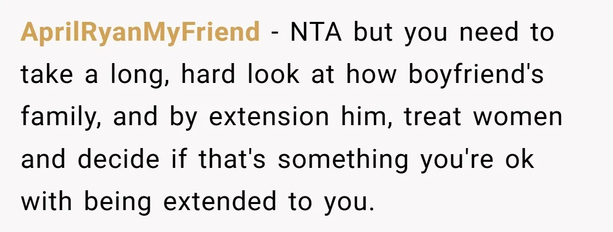 AprilRyanMyFriend − NTA but you need to take a long, hard look at how boyfriend's family, and by extension him, treat women and decide if that's something you're ok with...
