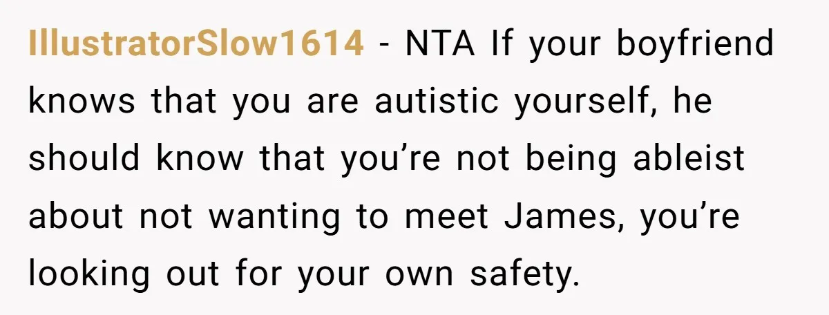IllustratorSlow1614 − NTA If your boyfriend knows that you are autistic yourself, he should know that you’re not being ableist about not wanting to meet James, you’re looking out for...