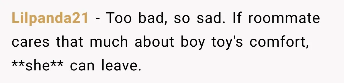 Lilpanda21 − Too bad, so sad. If roommate cares that much about boy toy's comfort, **she** can leave.