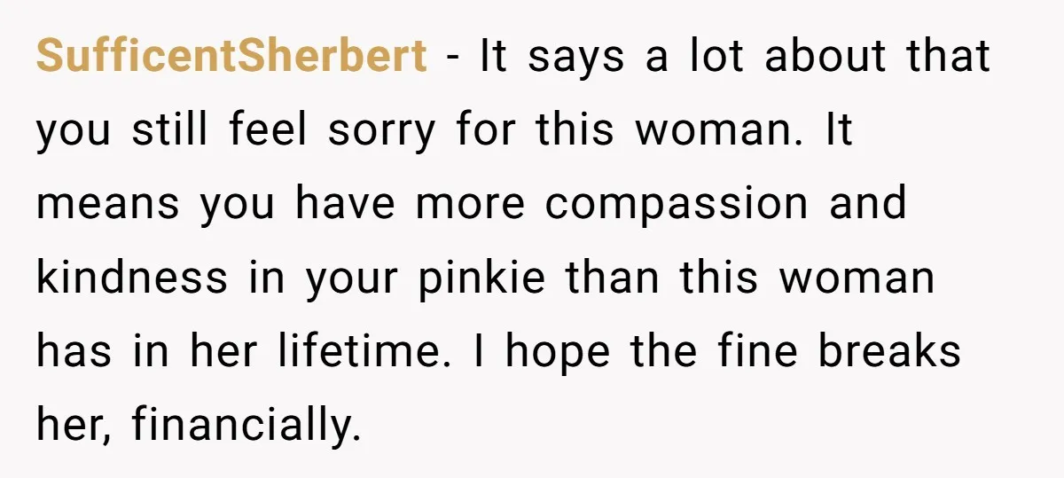 SufficentSherbert − It says a lot about that you still feel sorry for this woman. It means you have more compassion and kindness in your pinkie than this woman has...