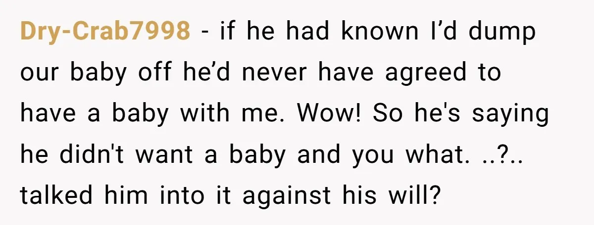 Dry-Crab7998 − if he had known I’d dump our baby off he’d never have agreed to have a baby with me. Wow! So he's saying he didn't want a baby...
