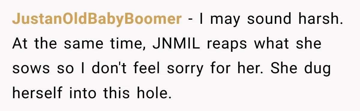JustanOldBabyBoomer − I may sound harsh. At the same time, JNMIL reaps what she sows so I don't feel sorry for her. She dug herself into this hole.