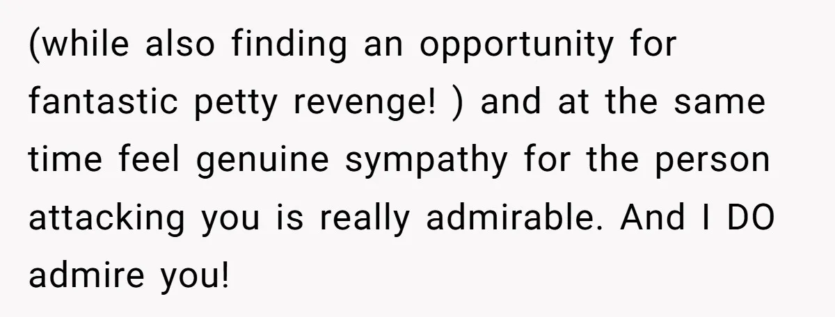 (while also finding an opportunity for fantastic petty revenge! ) and at the same time feel genuine sympathy for the person attacking you is really admirable. And I DO admire...