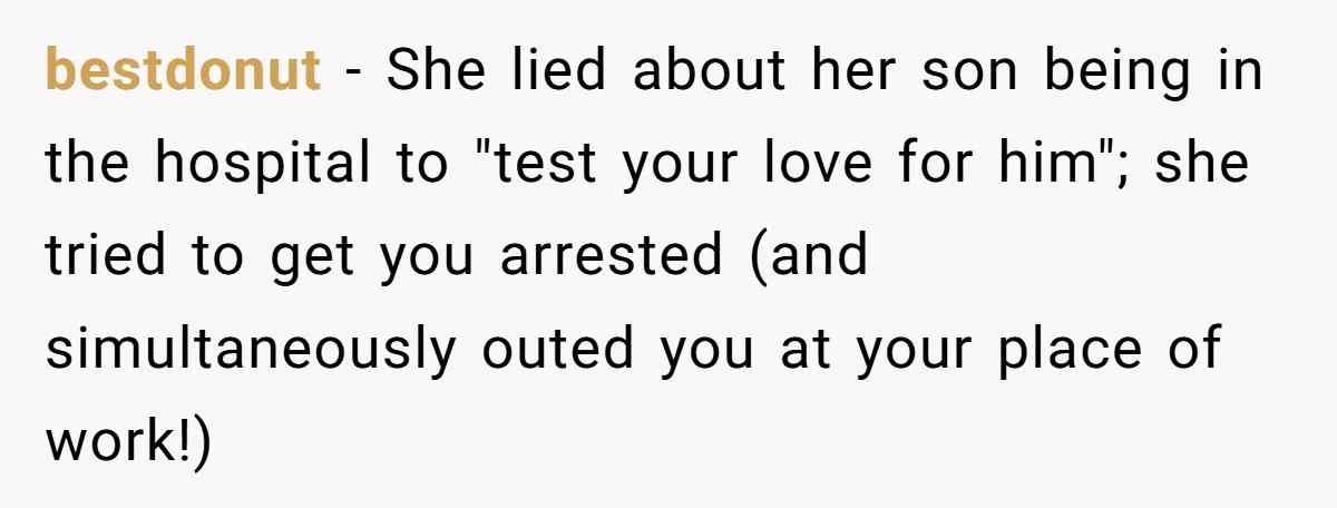 bestdonut − She lied about her son being in the hospital to "test your love for him"; she tried to get you arrested (and simultaneously outed you at your place...