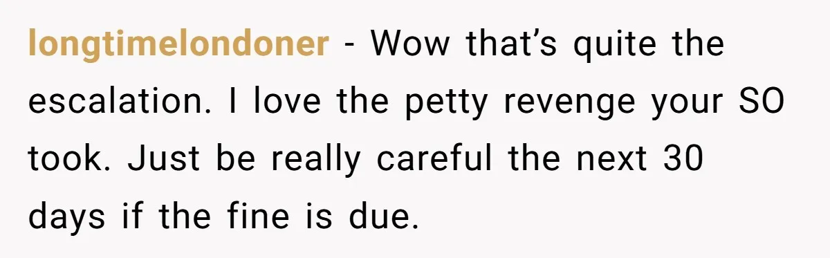 longtimelondoner − Wow that’s quite the escalation. I love the petty revenge your SO took. Just be really careful the next 30 days if the fine is due.