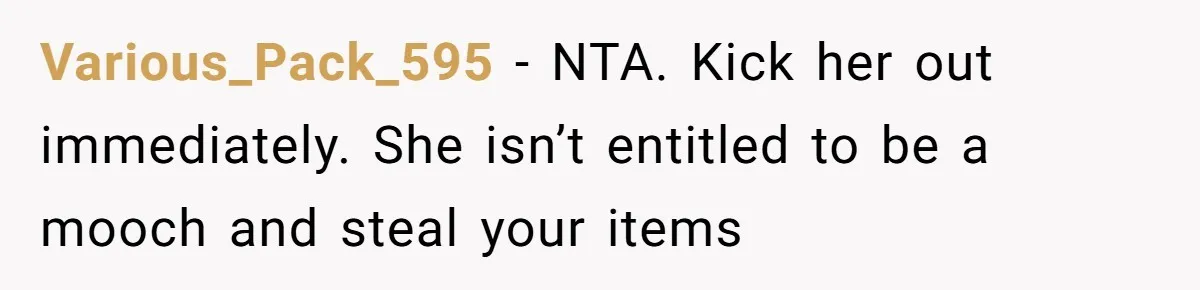 Various_Pack_595 − NTA. Kick her out immediately. She isn’t entitled to be a mooch and steal your items