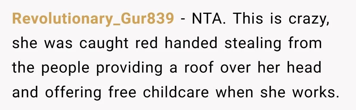 Revolutionary_Gur839 − NTA. This is crazy, she was caught red handed stealing from the people providing a roof over her head and offering free childcare when she works.