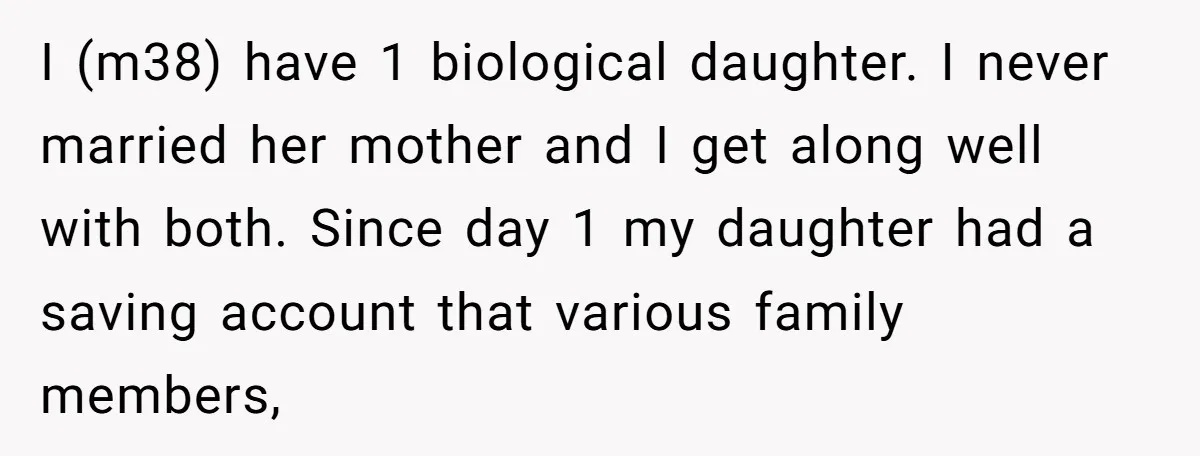 I (m38) have 1 biological daughter. I never married her mother and I get along well with both. Since day 1 my daughter had a saving account that various family...
