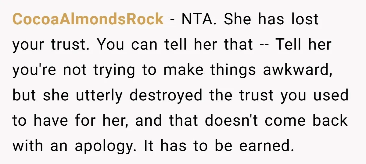 CocoaAlmondsRock − NTA. She has lost your trust. You can tell her that -- Tell her you're not trying to make things awkward, but she utterly destroyed the trust you...