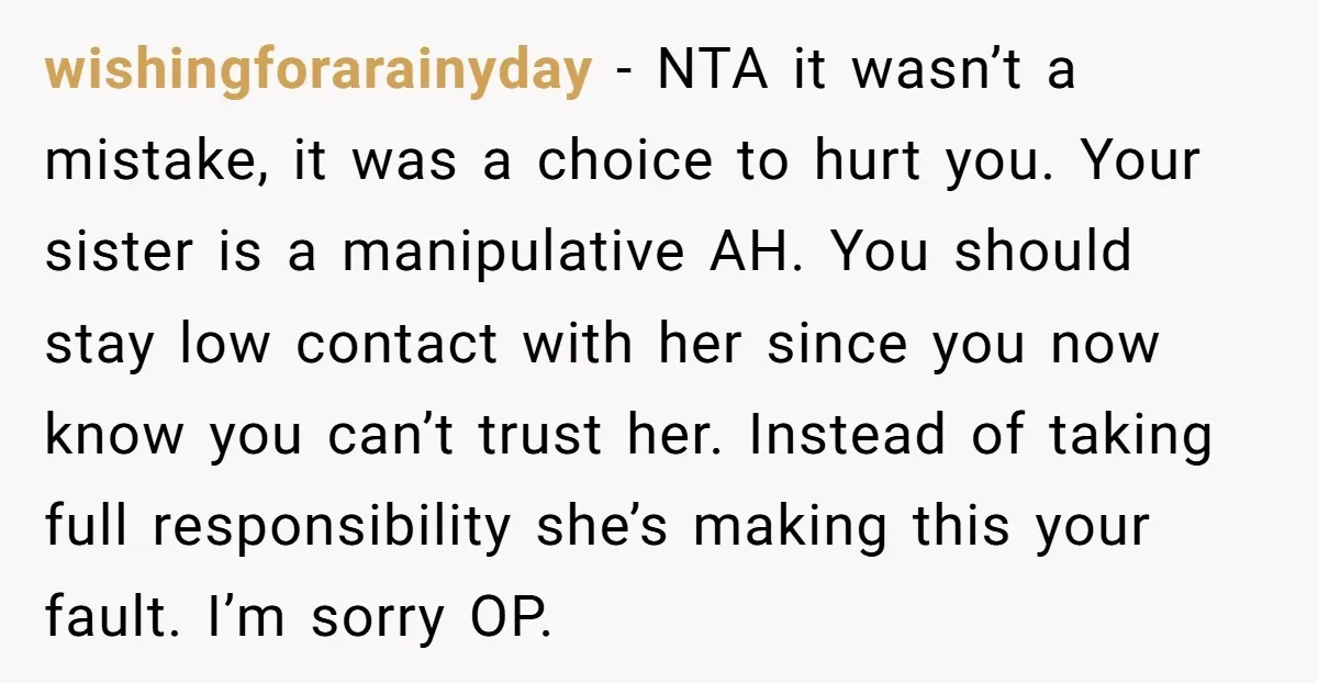 wishingforarainyday − NTA it wasn’t a mistake, it was a choice to hurt you. Your sister is a manipulative AH. You should stay low contact with her since you now...