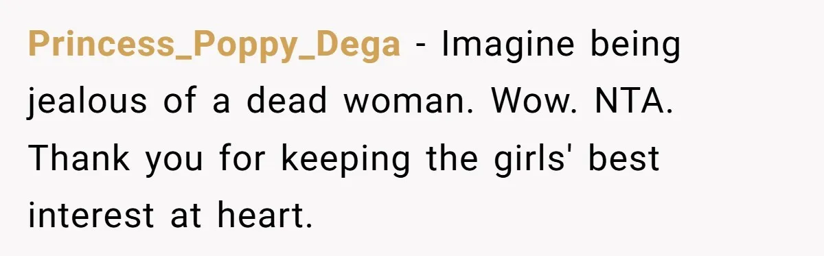 Princess_Poppy_Dega − Imagine being jealous of a dead woman. Wow. NTA. Thank you for keeping the girls' best interest at heart.