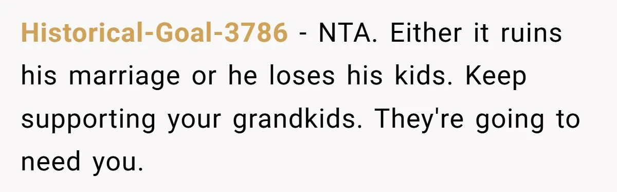 Historical-Goal-3786 − NTA. Either it ruins his marriage or he loses his kids. Keep supporting your grandkids. They're going to need you.