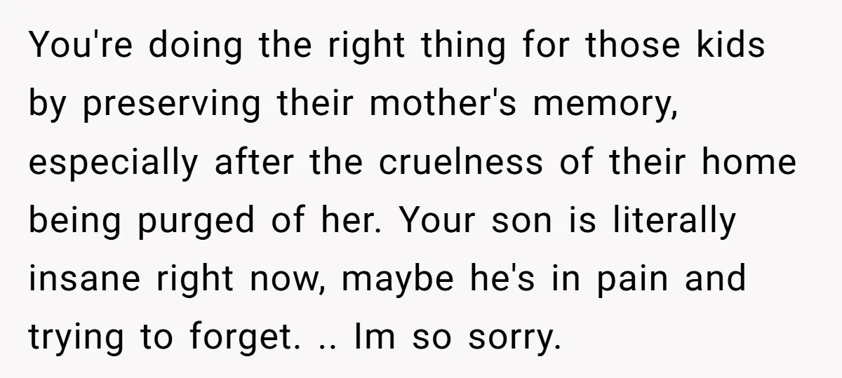 You're doing the right thing for those kids by preserving their mother's memory, especially after the cruelness of their home being purged of her. Your son is literally insane right...