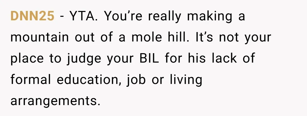 DNN25 − YTA. You’re really making a mountain out of a mole hill. It’s not your place to judge your BIL for his lack of formal education, job or living...