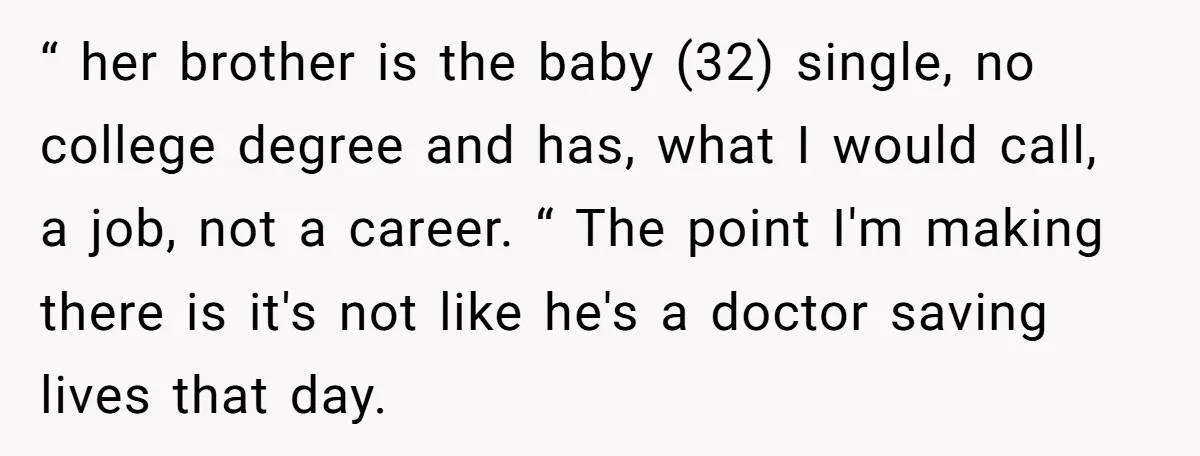 “ her brother is the baby (32) single, no college degree and has, what I would call, a job, not a career. “ The point I'm making there is it's...