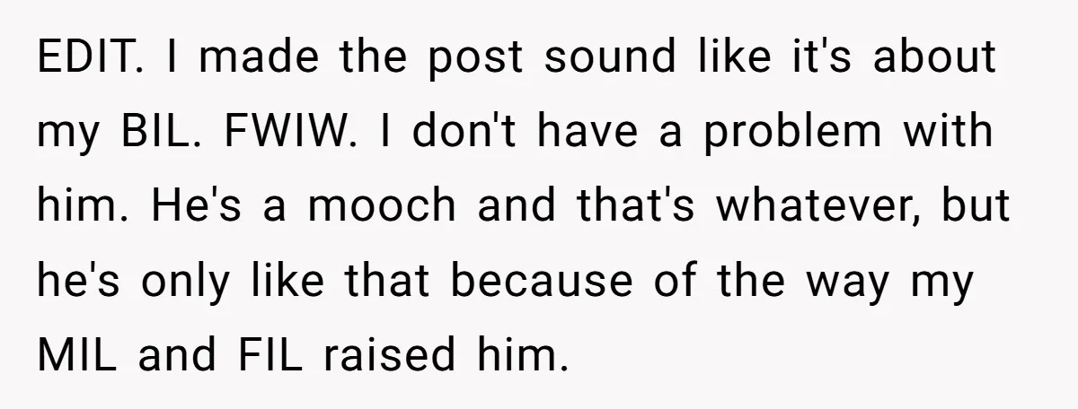 EDIT. I made the post sound like it's about my BIL. FWIW. I don't have a problem with him. He's a mooch and that's whatever, but he's only like that...