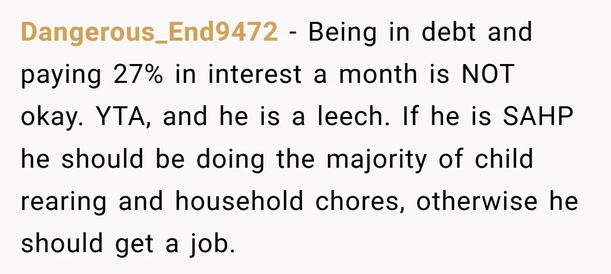 Dangerous_End9472 - Being in debt and paying 27% in interest a month is NOT okay. YTA, and he is a leech. If he is SAHP he should be doing the...