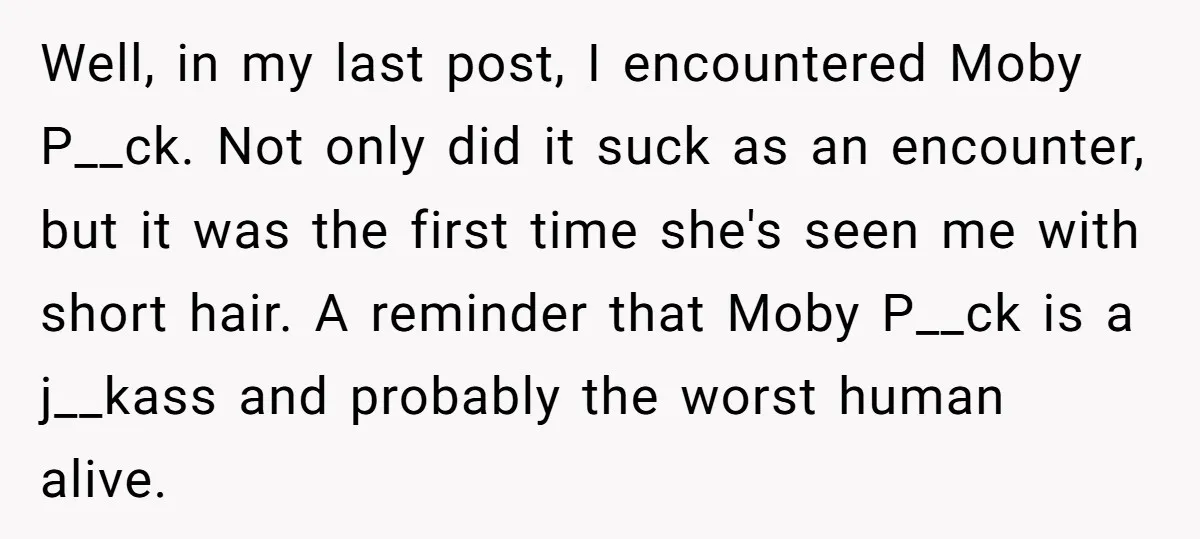 Well, in my last post, I encountered Moby P__ck. Not only did it suck as an encounter, but it was the first time she's seen me with short hair. A...