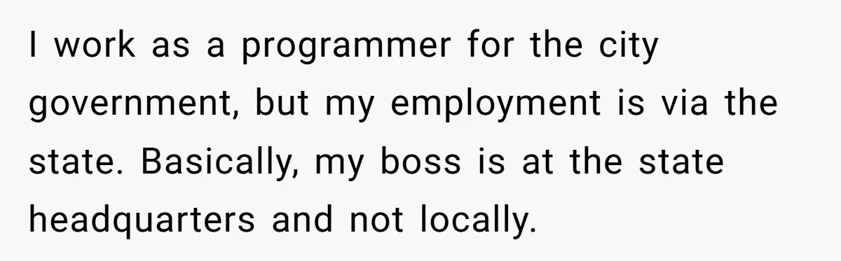I work as a programmer for the city government, but my employment is via the state. Basically, my boss is at the state headquarters and not locally.