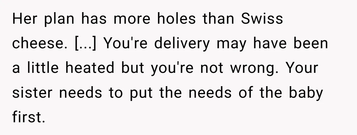 Her plan has more holes than Swiss cheese. [...] You're delivery may have been a little heated but you're not wrong. Your sister needs to put the needs of the...