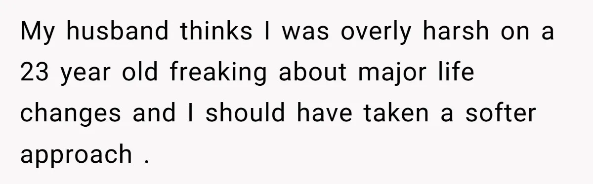 My husband thinks I was overly harsh on a 23 year old freaking about major life changes and I should have taken a softer approach .