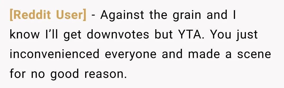 [Reddit User] − Against the grain and I know I’ll get downvotes but YTA. You just inconvenienced everyone and made a scene for no good reason.