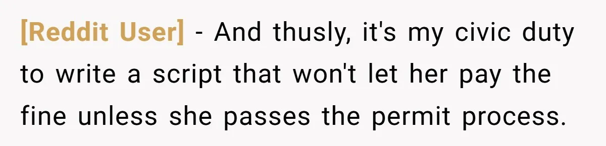 [Reddit User] − And thusly, it's my civic duty to write a script that won't let her pay the fine unless she passes the permit process.