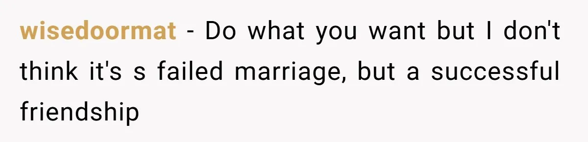wisedoormat − Do what you want but I don't think it's s failed marriage, but a successful friendship