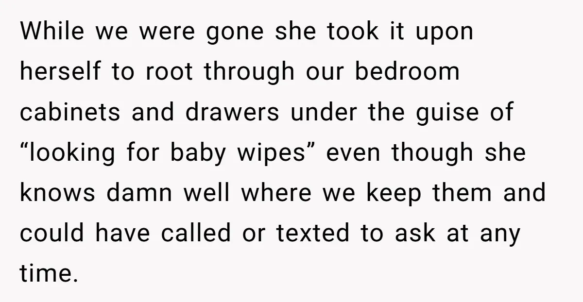 While we were gone she took it upon herself to root through our bedroom cabinets and drawers under the guise of “looking for baby wipes” even though she knows damn...
