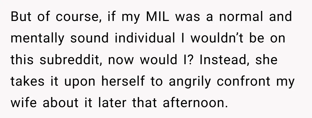 But of course, if my MIL was a normal and mentally sound individual I wouldn’t be on this subreddit, now would I? Instead, she takes it upon herself to angrily...