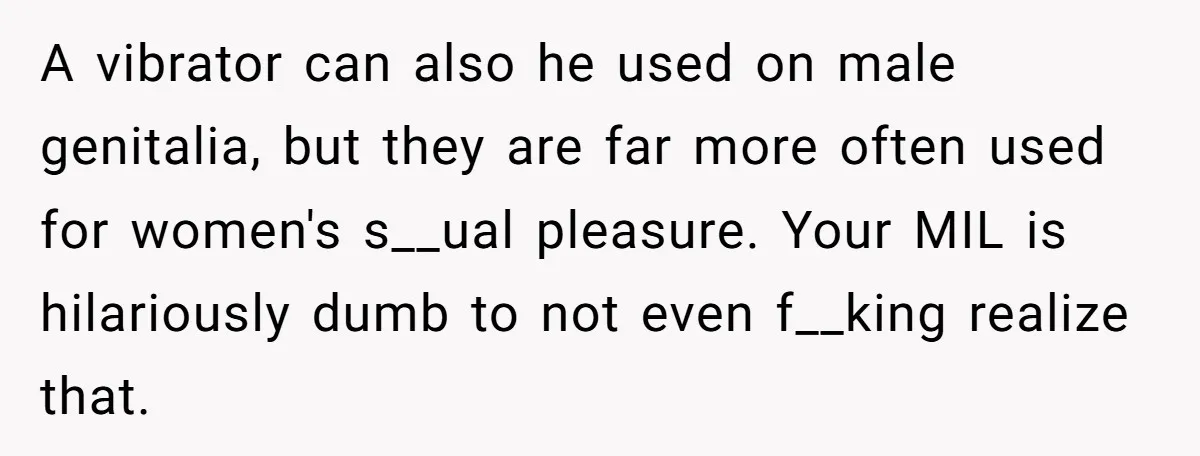 A vibrator can also he used on male genitalia, but they are far more often used for women's s__ual pleasure. Your MIL is hilariously dumb to not even f__king realize...