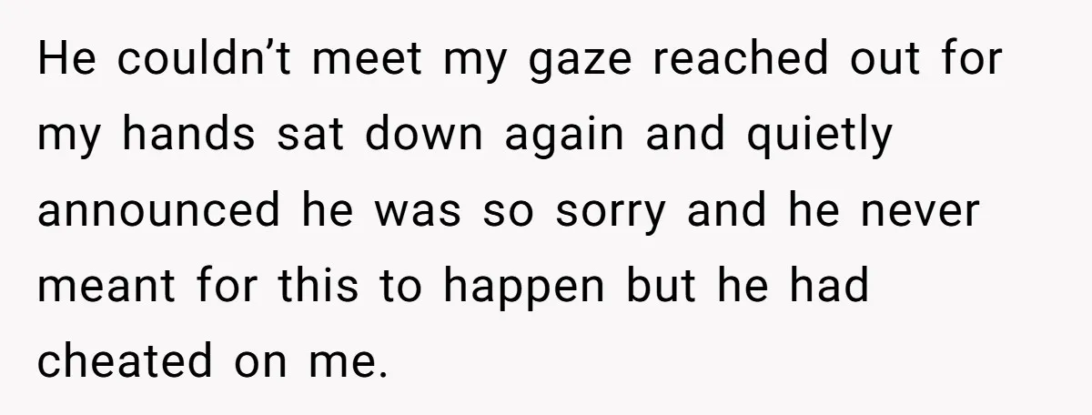 He couldn’t meet my gaze reached out for my hands sat down again and quietly announced he was so sorry and he never meant for this to happen but he...