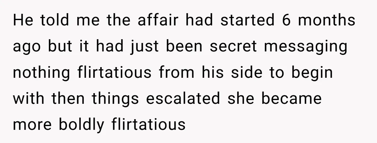 He told me the affair had started 6 months ago but it had just been secret messaging nothing flirtatious from his side to begin with then things escalated she became...