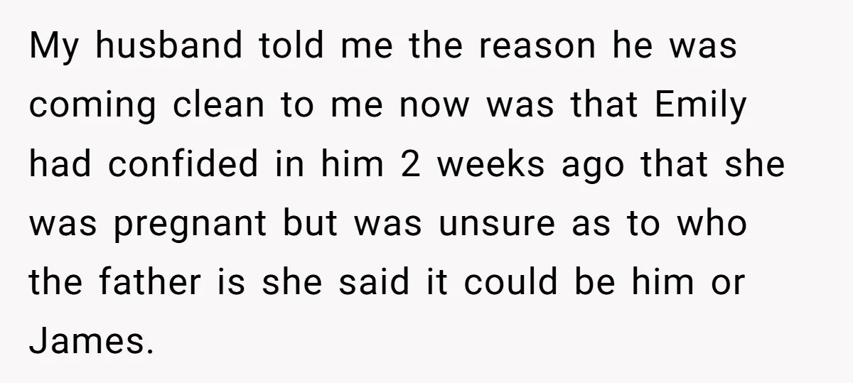 My husband told me the reason he was coming clean to me now was that Emily had confided in him 2 weeks ago that she was pregnant but was unsure...