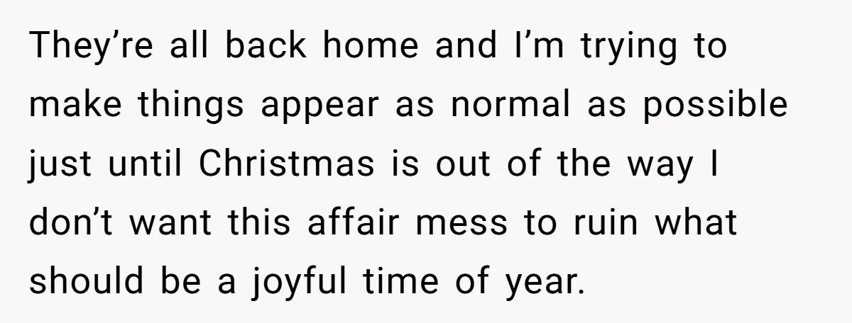 They’re all back home and I’m trying to make things appear as normal as possible just until Christmas is out of the way I don’t want this affair mess to...