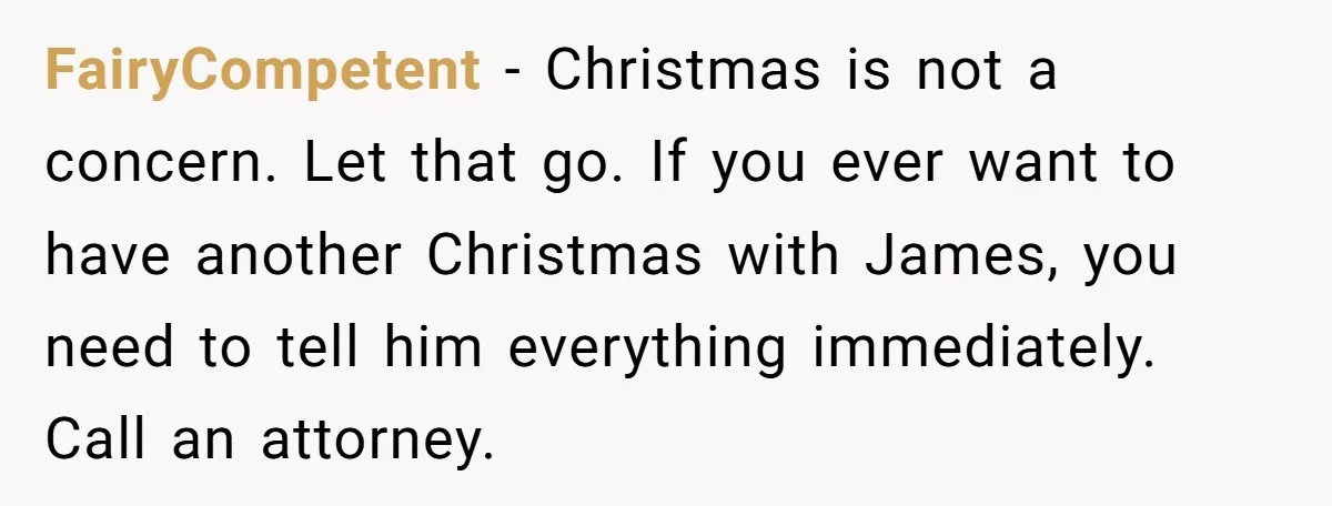 FairyCompetent − Christmas is not a concern. Let that go. If you ever want to have another Christmas with James, you need to tell him everything immediately. Call an attorney.