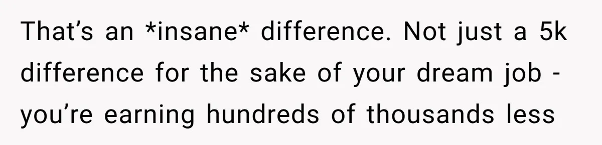 That’s an *insane* difference. Not just a 5k difference for the sake of your dream job - you’re earning hundreds of thousands less