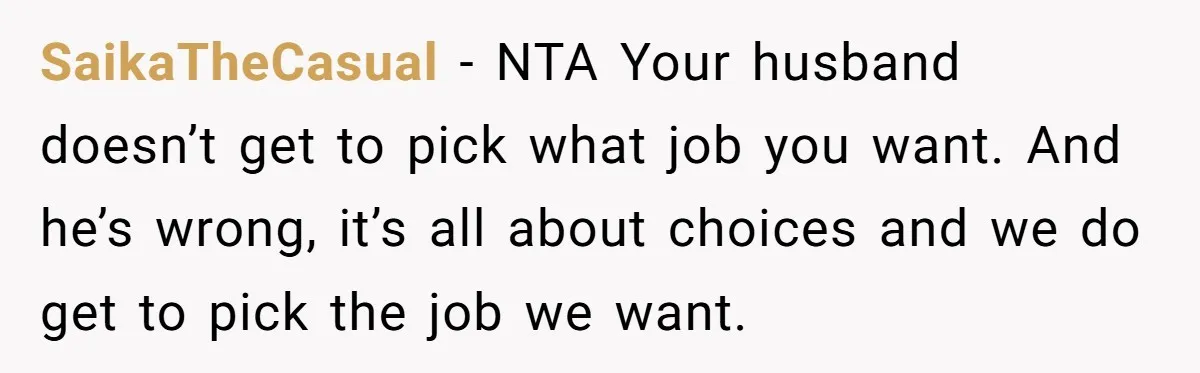 SaikaTheCasual − NTA Your husband doesn’t get to pick what job you want. And he’s wrong, it’s all about choices and we do get to pick the job we want.