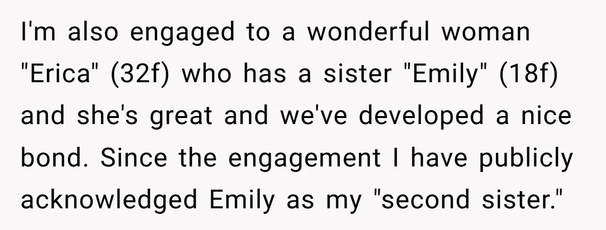 I'm also engaged to a wonderful woman "Erica" (32f) who has a sister "Emily" (18f) and she's great and we've developed a nice bond. Since the engagement I have publicly...