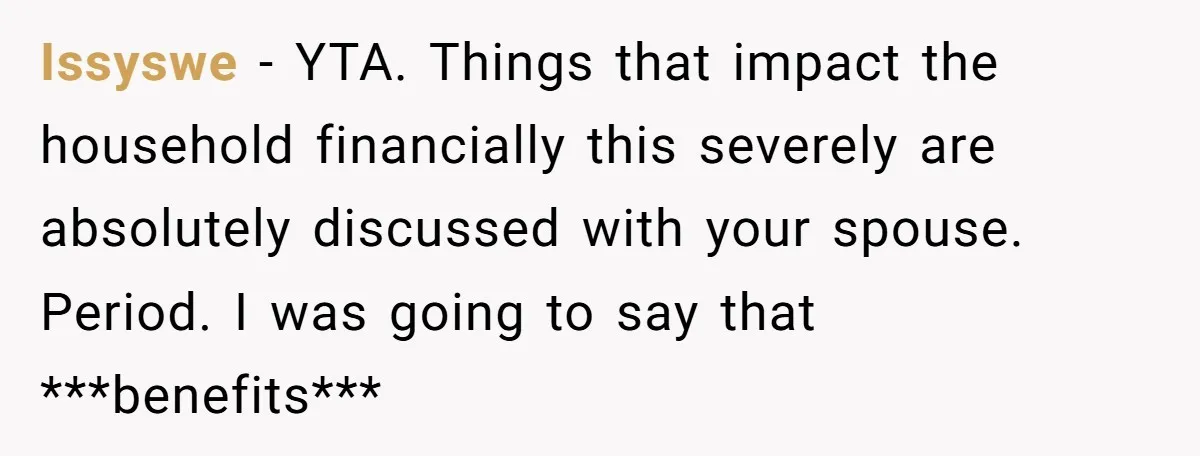 Issyswe − YTA. Things that impact the household financially this severely are absolutely discussed with your spouse. Period. I was going to say that ***benefits***