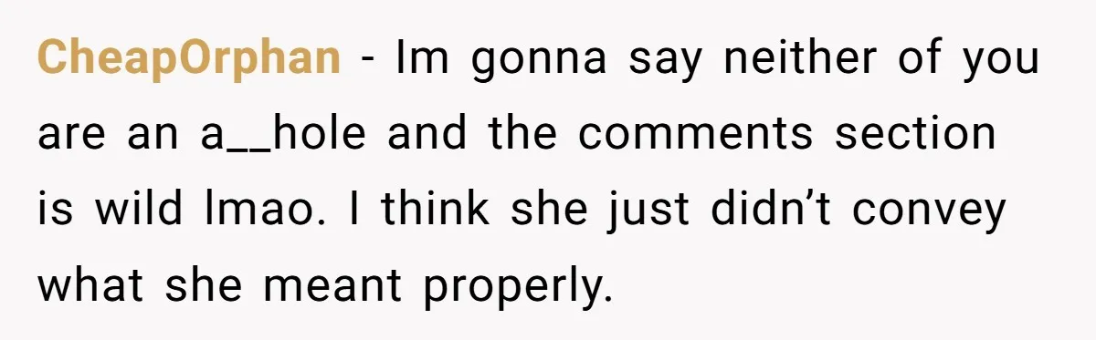 CheapOrphan − Im gonna say neither of you are an a__hole and the comments section is wild lmao. I think she just didn’t convey what she meant properly.