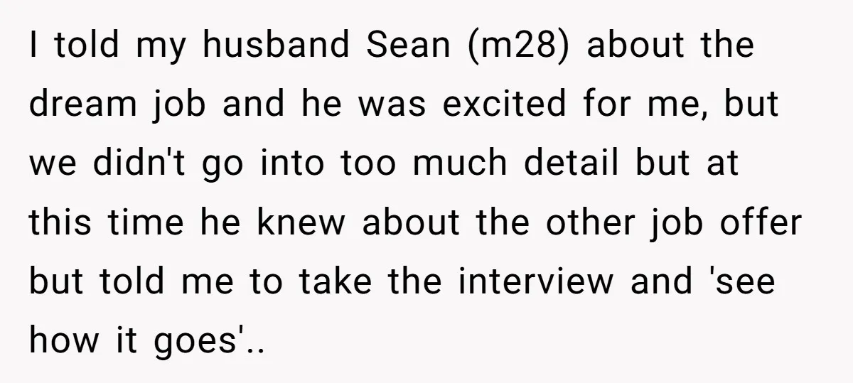 I told my husband Sean (m28) about the dream job and he was excited for me, but we didn't go into too much detail but at this time he knew...