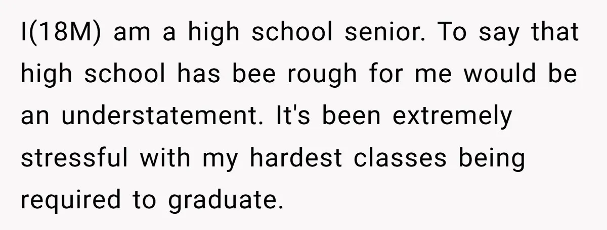 I(18M) am a high school senior. To say that high school has bee rough for me would be an understatement. It's been extremely stressful with my hardest classes being required...