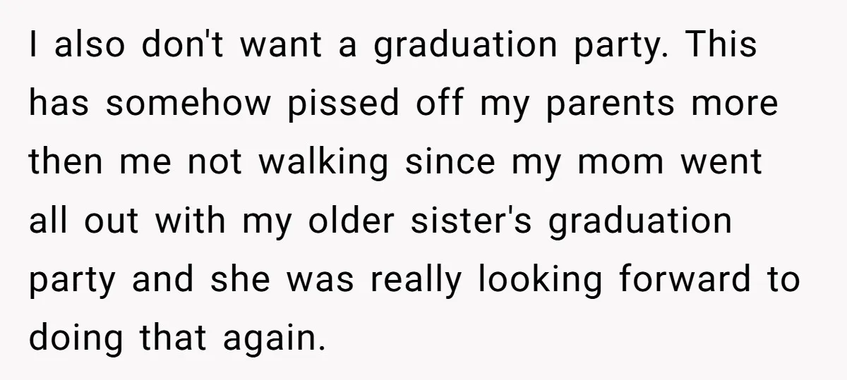I also don't want a graduation party. This has somehow pissed off my parents more then me not walking since my mom went all out with my older sister's graduation...